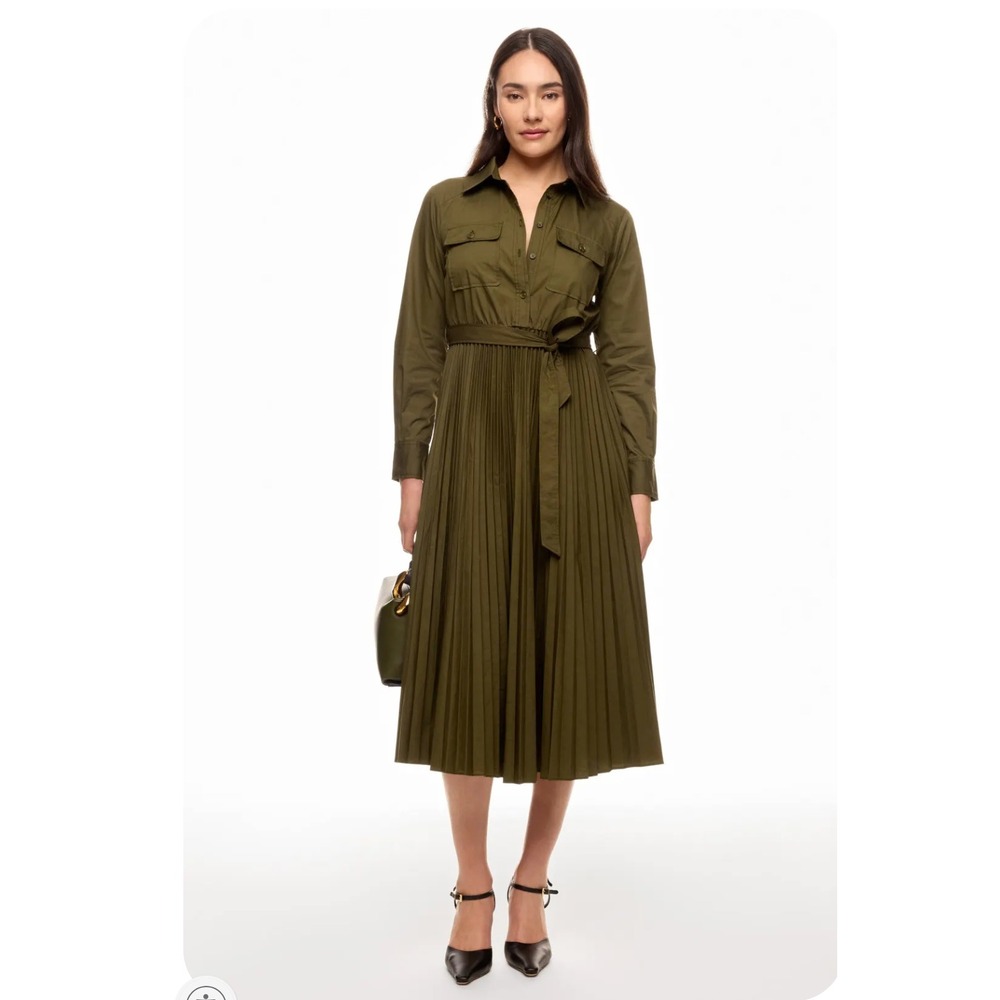 Derek Lam Pleated Green Midi Shirt Dress Long Sleeve Utility Womens Sz 6